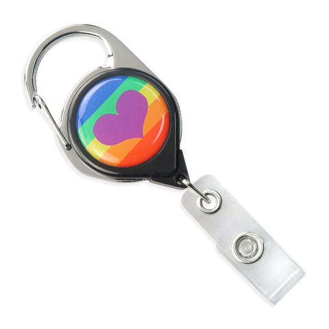 Pride colors carabiner badge reel, purple heart and clip | Wristbands.com