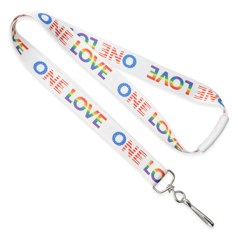 White Pre-Printed Lanyard with Pride Colors Text One Love with Swivel Hook | Wristbands.com