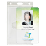 Economy Frosted Vertical Side-Load Badge Holder with sample company id inside it, 2.13" x 3.38" (50/Box) - Wristbands.com