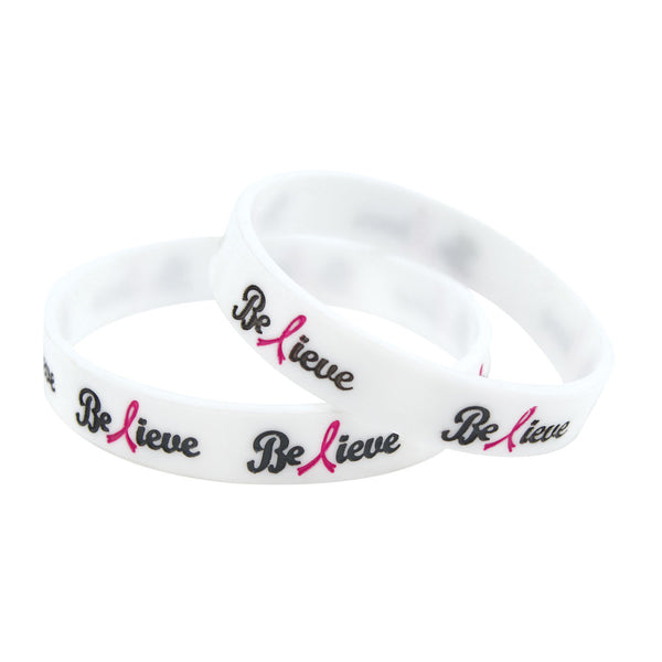 Silicone Wristbands Color Filled Debossed 1/2" Believe Design - White (100/Pack) - Wristbands.com