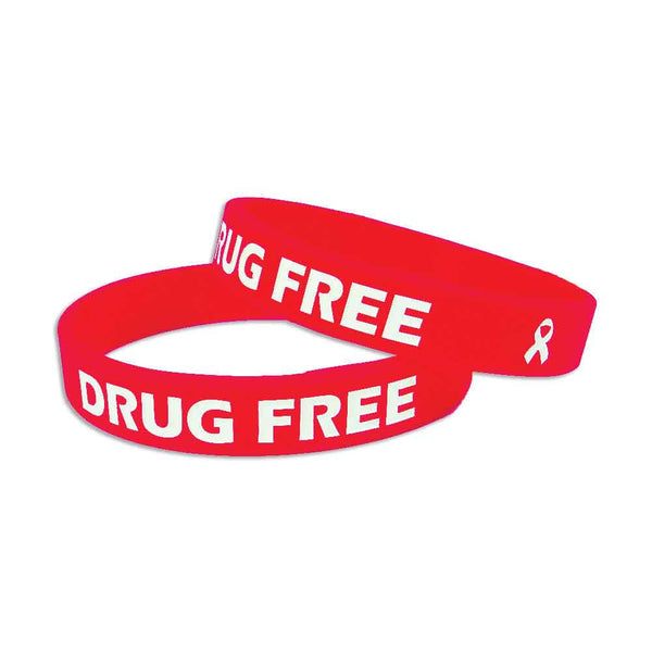 Silicone Wristbands Color Fill Debossed 1/2" Drug Free Design - Red (100/Pack) - Wristbands.com