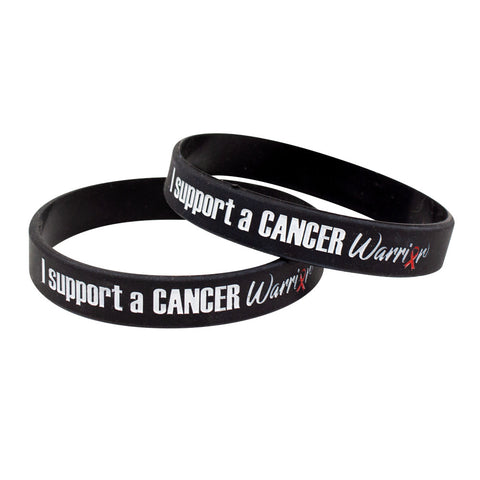 Silicone Wristbands Color Fill Debossed 1/2" I Support A Cancer Warrior Design - Black (25/Pack) - Wristbands.com