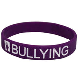 Silicone Wristbands Color Filled Debossed 1/2" Words Hurt-Bullying-Save A Life - Grape (100/Pack) - Wristbands.com