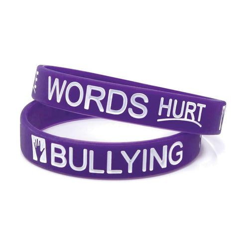 Silicone Wristbands Color Filled Debossed 1/2" Words Hurt-Bullying-Save A Life - Grape (100/Pack) - Wristbands.com